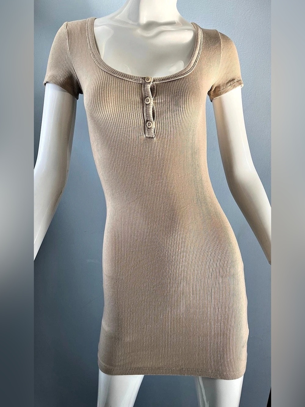 Sunday Best Aritzia Beige Bodycon Ribbed Short Sleeve Mini Dress Size 2XS